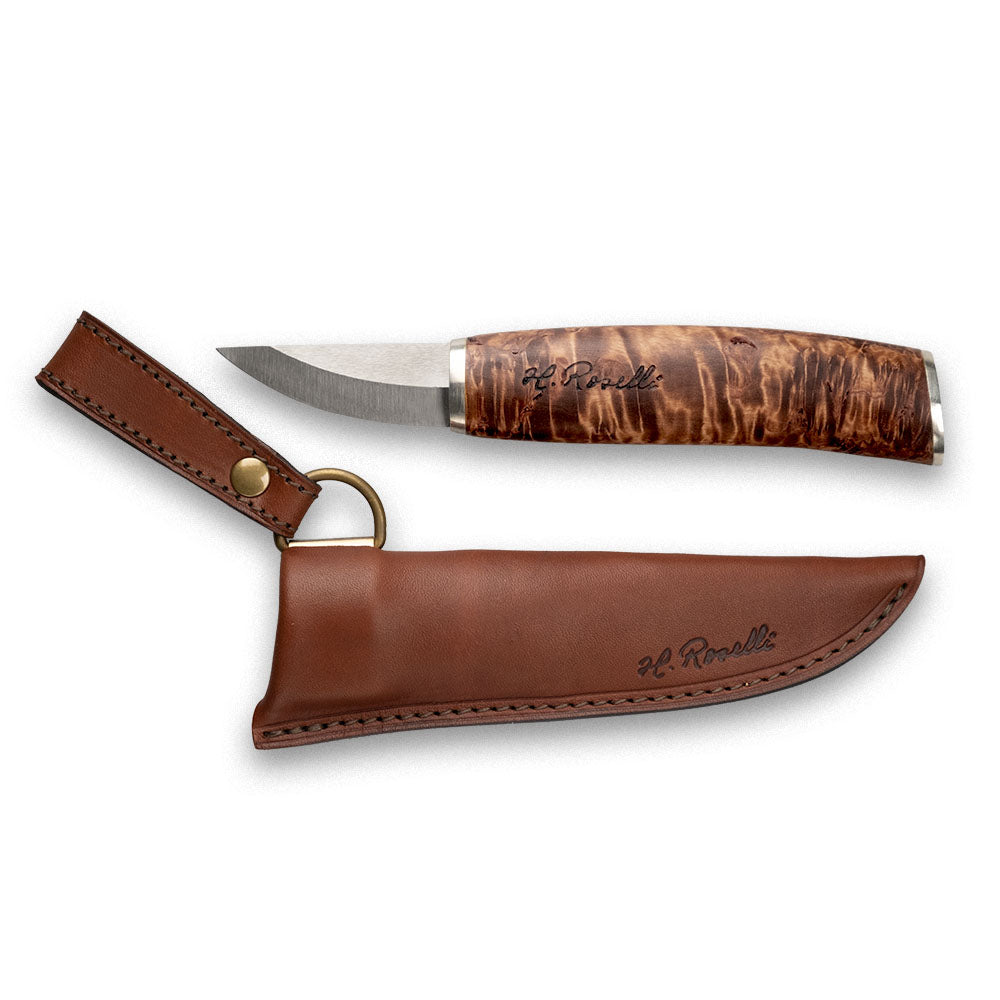 Handmade Finnish knife from Roselli in model "bear claw" comes in UHC steel and details of silver ferrule and a handle made out of stained curly birch