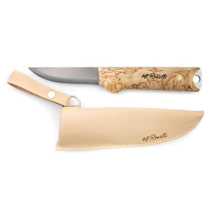 Roselli's Finnish handmade full tang knife made of UHC steel and curly birch handle. 