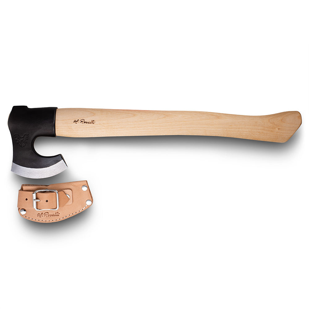 Finnish handmade outdoor axe from Roselli with a long handle, comes with a light vegetable leather axe case