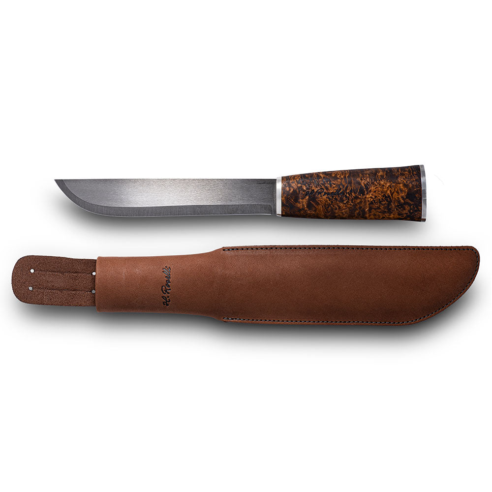 Handmade Finnish bushcraft knife from Roselli in model "Big Leuku Knife" with details of silver ferrule comes with a dark vegetable leather sheath 